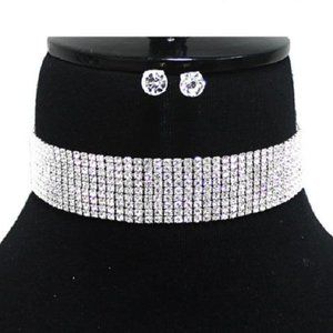9 Line Silver Choker with Clear Rhinestones Set
